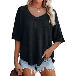 Roupas femininas verão novo V Camisetas de pescoço Waffle mata mata -malha solida de manga curta de manga curta para mulheres camiseta solta u4lx