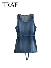 Casual Kleider Frau Fashion Spring Chic Denim Blue O-Neck ärmellose Schnür-up Dekoration Schlitz weiblich Streetwear Mini