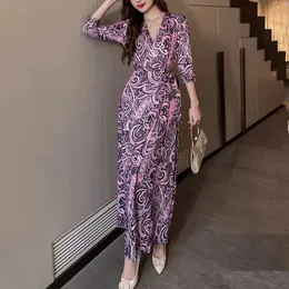 Vestido Floreado Mujer Women Summer Bohemian Purple Floral Casual Wrap Dresses V Neck 34 Långärmad bälte Aline Midi Sun Dress 240429