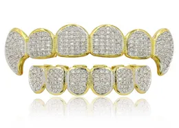 Hip hop grillz lussuoso chicca zircone micro pavimentazione dentali griglie 2019 maschili donne donne 18k oro oro tappo denti placcati 2 pari set intero2110245