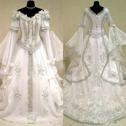 2020 Vestidos de noiva medieval Witch Celtic Tudor Renaissance traje vitoriano gótico fora do ombro vestidos de noiva de manga longa 265n