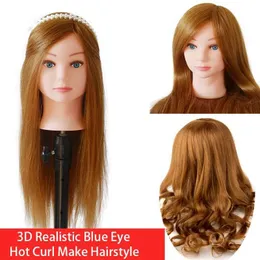 Mannequin Heads Newly arrived women with 3D blue eyes blonde hair and golden human mixed synthesized into professional hot curled head model dolls Q240510