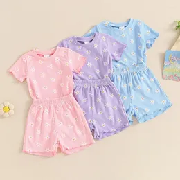 Kläder sätter Axyrxwr Summer Toddler Kids Baby Girls kläder Floral Print Ribed Ruffles Kort ärm T-shirts Shorts Soft Outfits