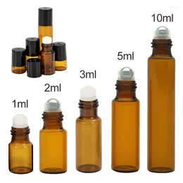 Garrafas de armazenamento 5pcs /pacote 1ml 2ml 3ml 5ml 10ml âmbar rolo de vidro fino no teste de amostra de garrafa Os frascos essenciais de óleo com rolo de metal /vidro bola