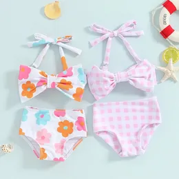 1-6Y Little Girls Bikini Sets FlowerPlaid Print Sleeveless Bow Bikini Tops with Shorts 2024 Summer Baby Swimsuit Kids Beachwear 240511