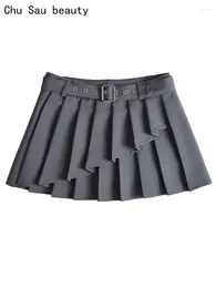 التنانير chu sau Beauty 2024 Women Fashion Sweet Plate Mini Skirt Sexy Low Weist Gray Skorts Chic Sashes Y2K Super Short