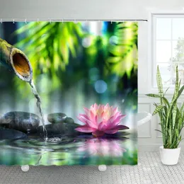 Shower Curtains Zen Green Bamboo Pink Lotus Running Water Black Stone Garden Landscape Fabric Bath Curtain Bathroom Decor Hooks