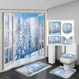 シャワーカーテン冬の森の雪のシャワーカーテンラグセットホワイトアイスベアクリスマスツリーウォッシャティーシャワーカーテンバスマットトイレットマットバスルームの装飾
