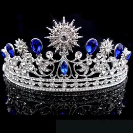 Retro Royal Blue Wedding Crown Tiara huvudbonad för prom quinceanera Party Wear Crystal Pärled Updo Half Hair Ornament Brud Smycken 2 223n