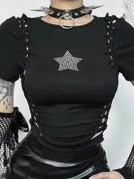 Kvinnors t-skjortor ihåliga ut gotiska handstickade rhinestoned t-shirt med ärmar kvinnor harajuku broderi punk e tjej skörd tshirt