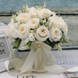 Håller blommor Artificial Natural Rose Wedding Bouquet med Silk Satin Ribbon Bridesmaid Bridal Party 274N