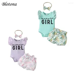 Kläderuppsättningar Blotona Baby Girl Summer Clothes Letter Print Ribbed Romper och Floral/Fruit Shorts Pannband Set 3 Piece Outfits 0-18m