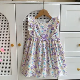 Mädchenkleider Sommermädchen Kleid mit gekräuselten Kanten kleine fliegende Ärmeln florale runde Nackenhülse Baumwolle