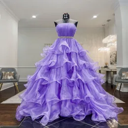 Cascading Ruffles Lilac Prom Dress 2022 Ball Gown Organza Strapless Formal Event Party Gowns Zipper Back Sleeveless Design Quinceanera 346H