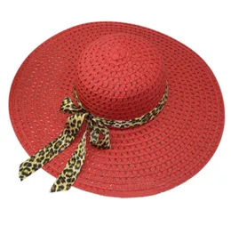 Hela Red Summer Exquisite Leopard Ribbon Bowknot Decorated OpenWork Sun Hat for Women9140710