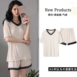 Modna miękka piżama na damskiej odzieży sutowej Zestaw Kobiet Sleep Tops Shorts 2 sztuki koreańsko -mody solid pijamas ropa de Dormir 2024