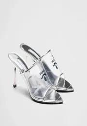 22S اسم الصيف العلامة التجارية Slipper Sandal High Heels Women Sandalies White Black Print Plexiglas Slides Slides Open Open Open و Doaned DR8228656