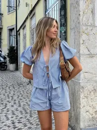 Kobiety mody szorty kraciaste Zestaw zwykłego Vneck Puff Short Sleeve koronkowy koszulka Summer Letnia dama luźne elastyczne stroje w talii 240508