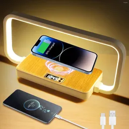Dekorativa plattor 3 färger USB Touch Control LED Dimble Table Lamp med trådlösa laddningstemperaturer Klockan Nightstand Desk för sovrummet