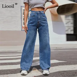 Kvinnors jeans liooil bred ben hög midja för kvinnor med fickor knapp tvättade denim blå byxor raka byxor streetwear sommar 2024