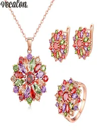 Vecalon New Flower Style Mutil Farben 5A Zirkon CZ Roségold gefüllt Halskette Ohrring Ring Schmuck Set für Frauen9722642