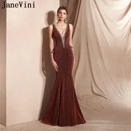 Party Dresses JaneVini 2024 Sexy Deep V Neck Long Evening For Women Sparkly Beaded Backless Mermaid Satin Prom Gowns Lange Jurk