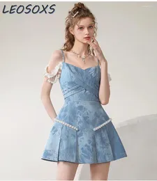 Casual Dresses Female Temperament Romantic Sexy Suspender 2024 Summer Refined Handmade Lace Tassel Tie-Dye Denim Braces Dress