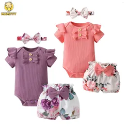 Zestawy odzieżowe Kukitty Born niemowlę dzieci 3pcs Zestaw ubrania dzianinowy Romper Romper Top Floral Printed Shorts z strojem opaski na głowę