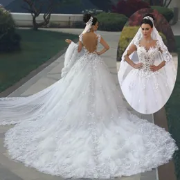 2021 Luksusowa sukienki do piłki księżniczki Suknie ślubne Vestido de Noiva de Renda 3D Floral Lace Applique Royal Train Bridal Suknie arabskie 259J