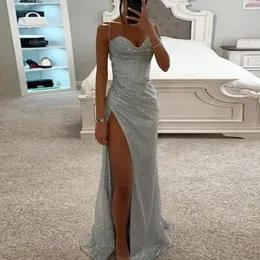 Women Evening Dress Shiny Sequin Spaghetti Strap Maxi Dress Off Shoulder Sleeveless Low-cut High Split High Waist Prom Dress 240511