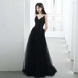 Partykleider elegante schwarze formale Abendkleider Perlen Spaghetti Starp ärmellose V-Ausschnitt Gaze Derss Weibliche bodenlange Promkleider