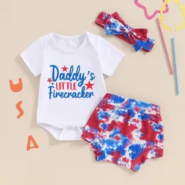 Kläder sätter självständighetsdagen baby flicka kläder set mode född spädbarnsbrev tryck kort ärm romper elastisk tie-dye shorts pannband