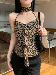 Kobiety damskie Benuynffy Leopard Print Ruffle Trime Top Kobiety moda 2024 Seksowna szyja ukochana z tyłu cami letnia odzież uliczna