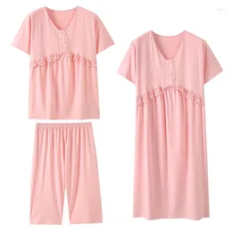 Pijamas de verão feminino Pijamas de manga curta Capri Capri Rous Home Cloth Color Solid Lace Nightgown 3pcs Moda Casual Terno Casual