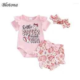 Kleidungssets Blotona Baby Girls Shorts Set Kurzarmbuchstaben Drucken Strampler Baseball mit Haarband Sommer Casual Outfit