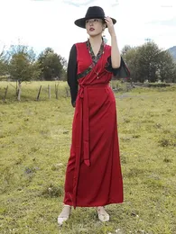 民族服ドレープ - 春/夏の女性の赤いスカートサテンドレス中国語ローブ