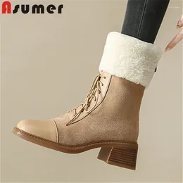 Stiefel Asumer 2024 schmales Band echtes Leder Winter Woll Schnee Damen Plattform Reißverschluss Knöchel Dicke High Heels Schuhe