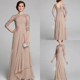 Bescheidene Champagnermutter der Braut Kleider Plus Größe Ruched Spitzenapplikation Eine Linie Chiffon Hochzeit Gäste Kleid Mütter formelle Kleider 270e