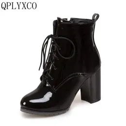 QPLYXCO Sale New Super Big Small Size 31-50 Winter warm ankle Boots Patent Leather shoes Women short Boots Lace up pumps T3-1
