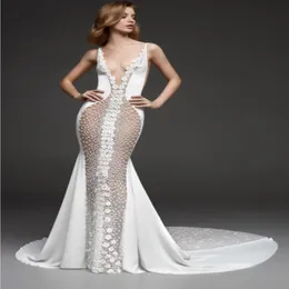 Sexy See Through Mermaid Wedding Dresses 2022 Deep V-Neck 3D Floral Sweep Train Beach Beach Boho Bridal Riception Abito 2873