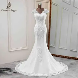 Elegant nytt äktenskap V-hals bröllopsklänningar Vackra brudklänning Applique Mermaid Vestido Novia 264h