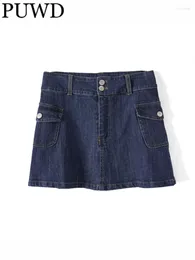 Saias Puwd Casual Mulheres Blue Jenim Mini 2024 Verão Moda Moda