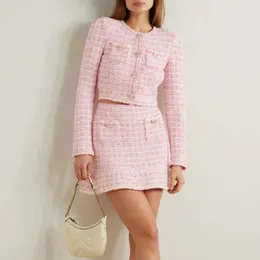 Y2k Two Piece Set for Women Birthday Outfits 2024 Cute Pink Plaid Cropped Top Tweed Jacket and Fish Tail Mini Skirts 240508