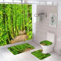 Duş Perdeleri Yeşil Orman Doğal Manzara Perde Setleri Peyzaj Yaprakları Banyo Slip Olmayan Banyo Mat Kaide Halı Tuvalet Kapakları