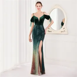 Party Dresses Partysix 2024 Women Dress Maxi Sexig Spaghetti Strap Sequins Tassel Off Axla Backless Elegant Evening Prom Vestidos