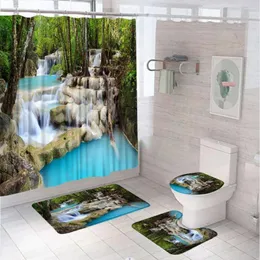 Zasłony prysznicowe 4PCS Waterfall Waterproof Waterproof Set Scenerie Blue Lake Tree Tkanina łazienkowa z dywanikiem toaletowa mata do kąpieli