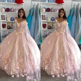 Romantyczne różowe haftowane sukienki Quinceanera 2021 Suknia balowa z Cape szatą 3D kwiaty kwiatowe z koralikami długi potargany Sweet 15 Prom E 2665