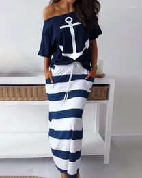 Рабочие платья весна лето Женщины с двумя частями набор 2024 модная лодка якорь-печать