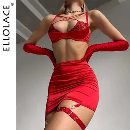 Sexy Conjunto Ellolace Fancy Lingerie Cross Bra Push Up Rouphe Bandrage Garter Luxury Lace Brief Sets