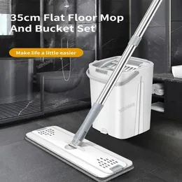 Mop e secchio a pavimento piatto senza mano per un sistema di pulizia della casa professionale con cuscinetti in microfibra lavabile 240510